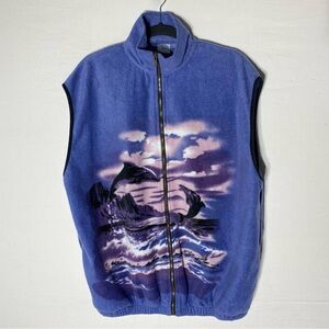 Vintage Canada Wildlife Blue Fleece Vest W Dolphin & Mountains Graphic L